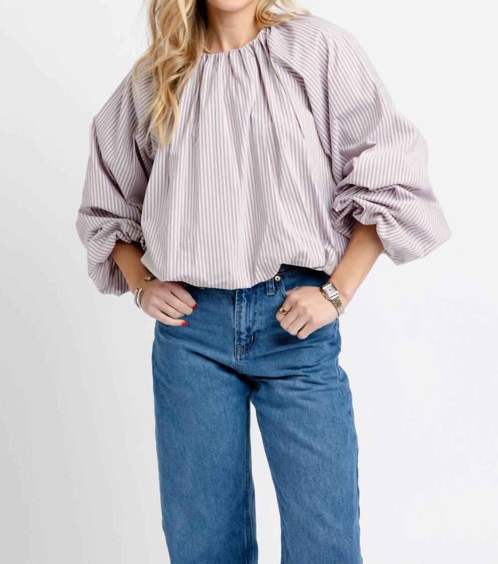 NEW KARLIE women's stripe menswear poplin bubble top in grey